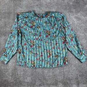 Vintage Floral Blouse Women's 10 Green Striped Puff Long Sleeve Romantic Pleated
